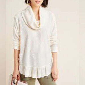 Maeve by Anthropologie Addie Ruffled Hacci Pullover Cowl Neck Top  Ivory Medium